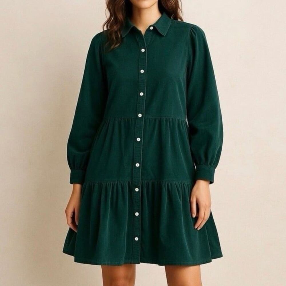 J.Crew Corduroy Tiered Button Front Dress EverGreen Plus Size 18 - Style BK249
